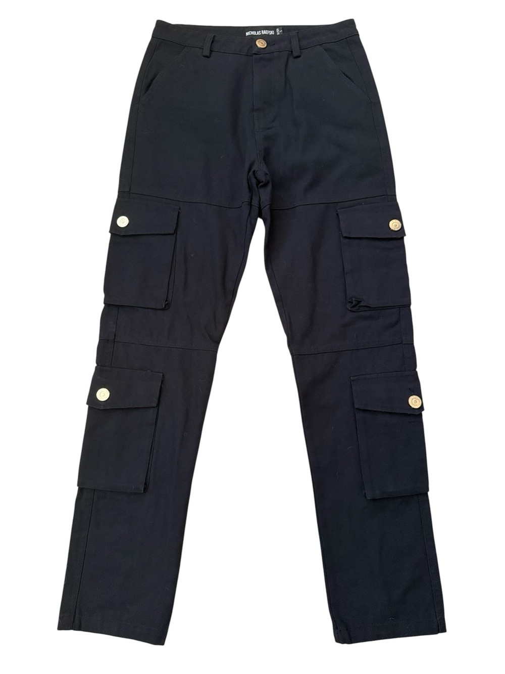 Nicholas Raefski Black Cargo Pants Utility Cotton Weave Gold Buttons Small 29x32